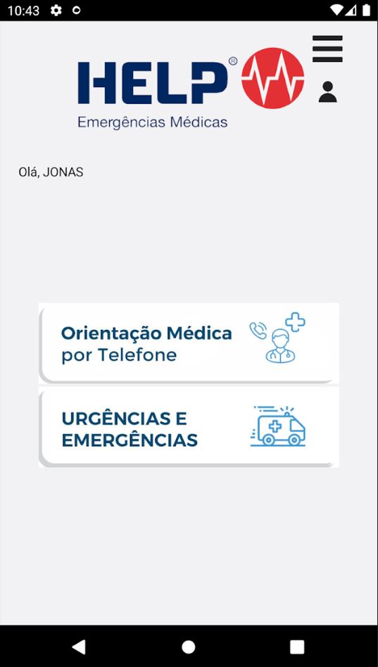 Tela principal do aplicativo da help, onde o paciente pode rapidamente solicitar a “Orientação Médica por Telefone” ou um chamado de “Urgência ou Emergência”.