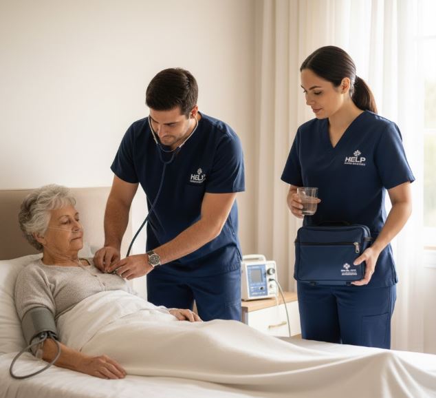 Atendimento médico de emergência domiciliar da Help para idosa acamada em Florianópolis. Médico e enfermeira de uniforme azul-marinho usando estetoscópio e aparelho de pressão em casa, reforçando a humanização e a eficiência do serviço de ambulância para idosos na Grande Florianópolis.
