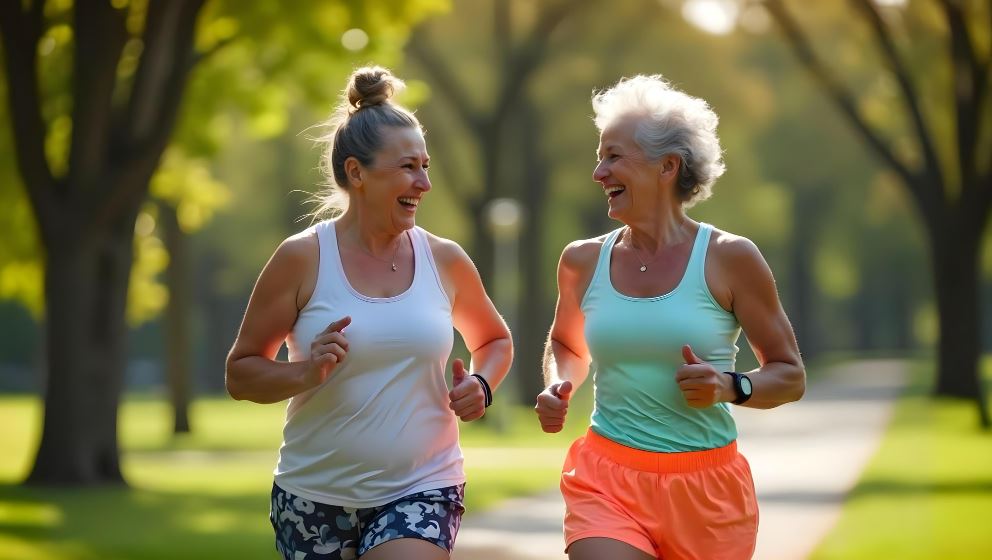 Duas mulheres idosas sorridentes, de cabelos brancos e roupas esportivas, correndo juntas em um parque ensolarado, simbolizando saúde cardiovascular, prevenção de doenças e envelhecimento ativo.