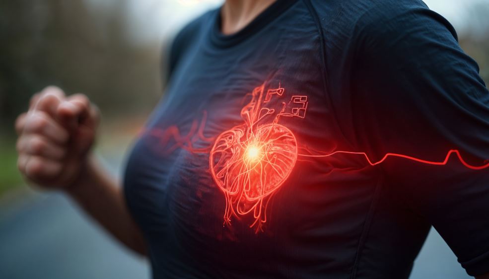 Uma mulher correndo com uma camiseta da cor azul marinho com uma sobreposição digital de um coração em destaque, emitindo luz e linhas vermelhas, simbolizando o esforço e a atividade cardíaca.